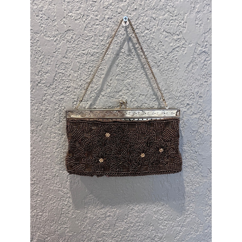 Vintage Beaded Evening Bag, Bronze Floral Clutch with Chain Strap